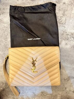Saint Laurent Tan Quilted Chevron Leather Wristlet Clutch with Gold YSL
